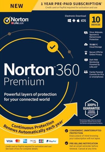 Norton 360 Premium EU Key (1 an / 10 appareils) + 75 GB Cloud Storage